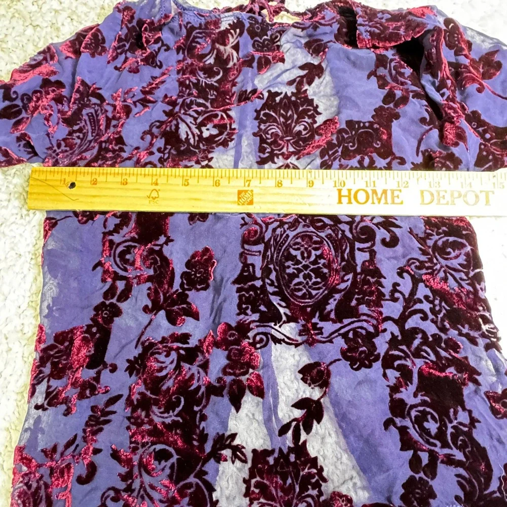 Velvet Burnout Floral Pants Set Purple Burgundy Sheer‎ Bohemian Blouse Top